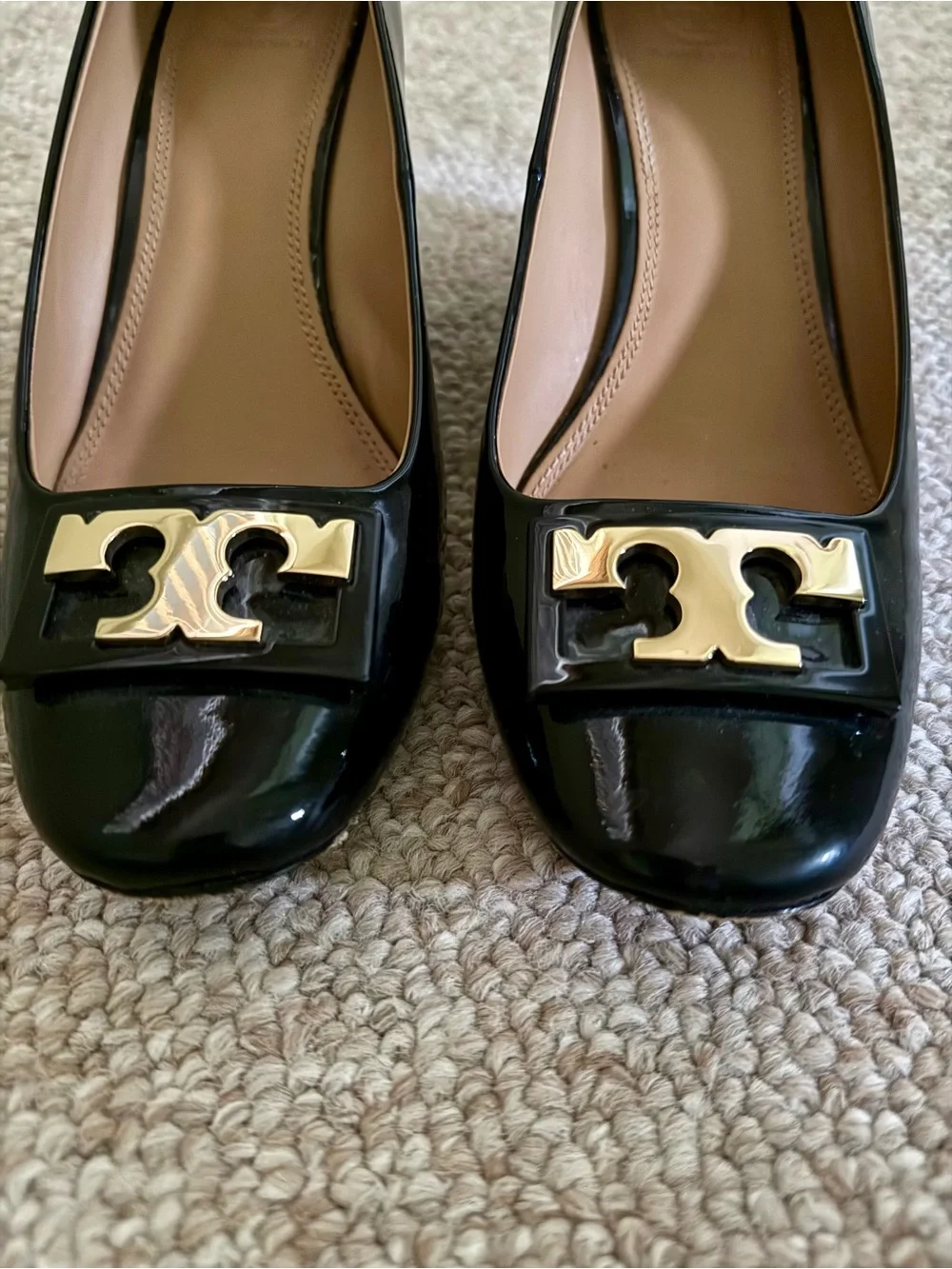 Tory Burch Black Patent Leather Heels with Gold Logo